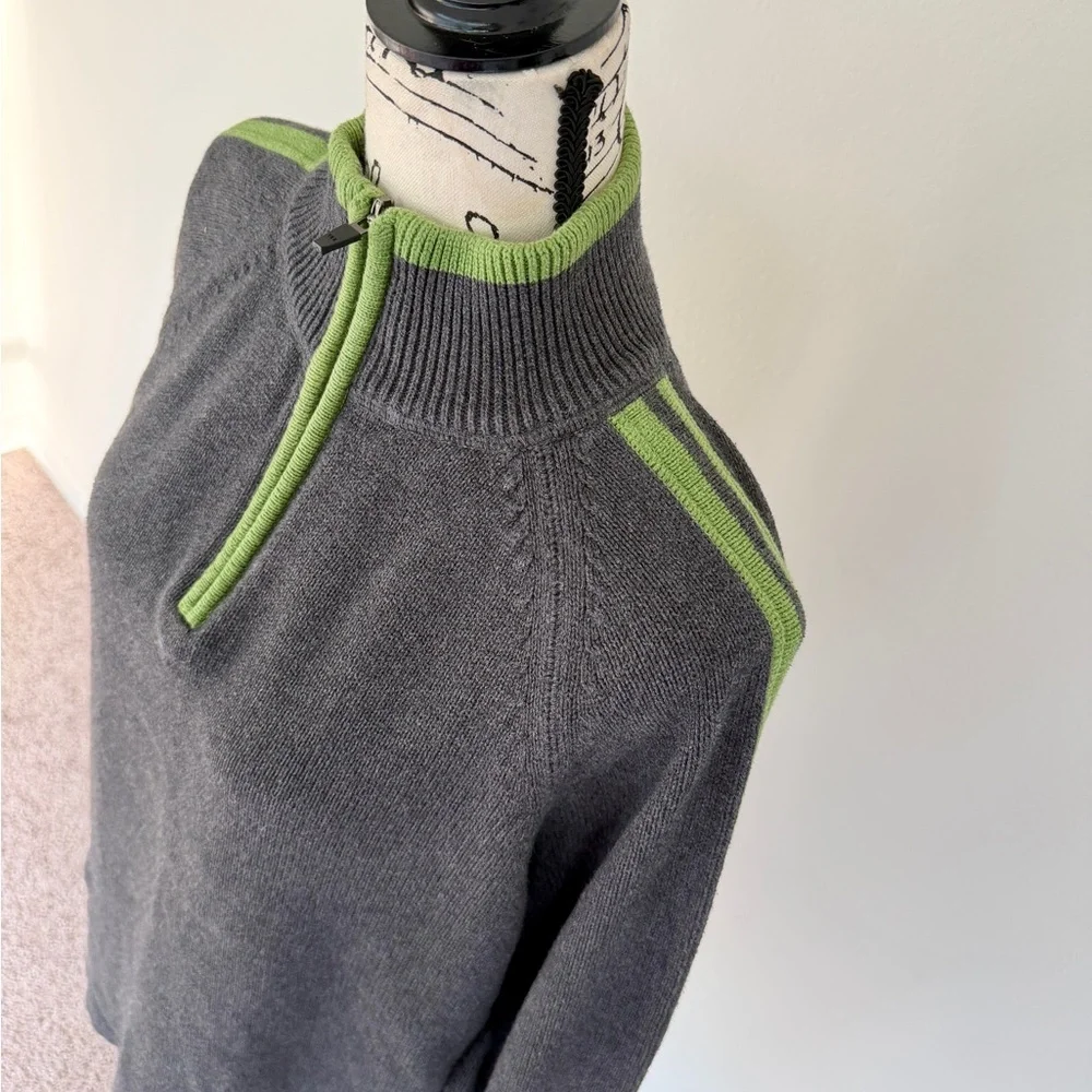 Eddie Bauer Sweater Pullover 1/4 Zip Charcoal/Lime Green Sz L 100%Cotton Grandpa